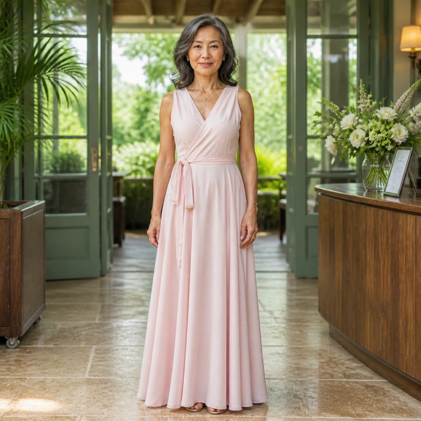 long wedding guest dress — Pale pink sleeveless wrap maxi wedding guest dress complete front view