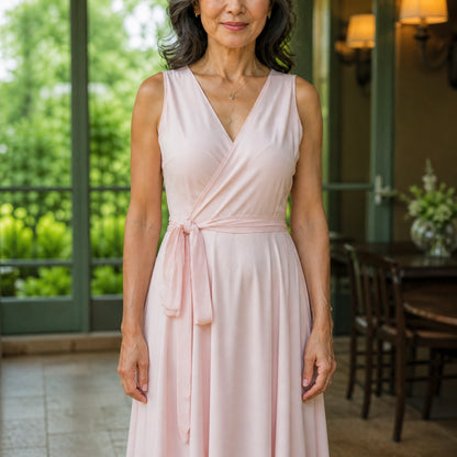 long wedding guest dress — Pale pink wrap bodice and self tie sash construction detail — view 10