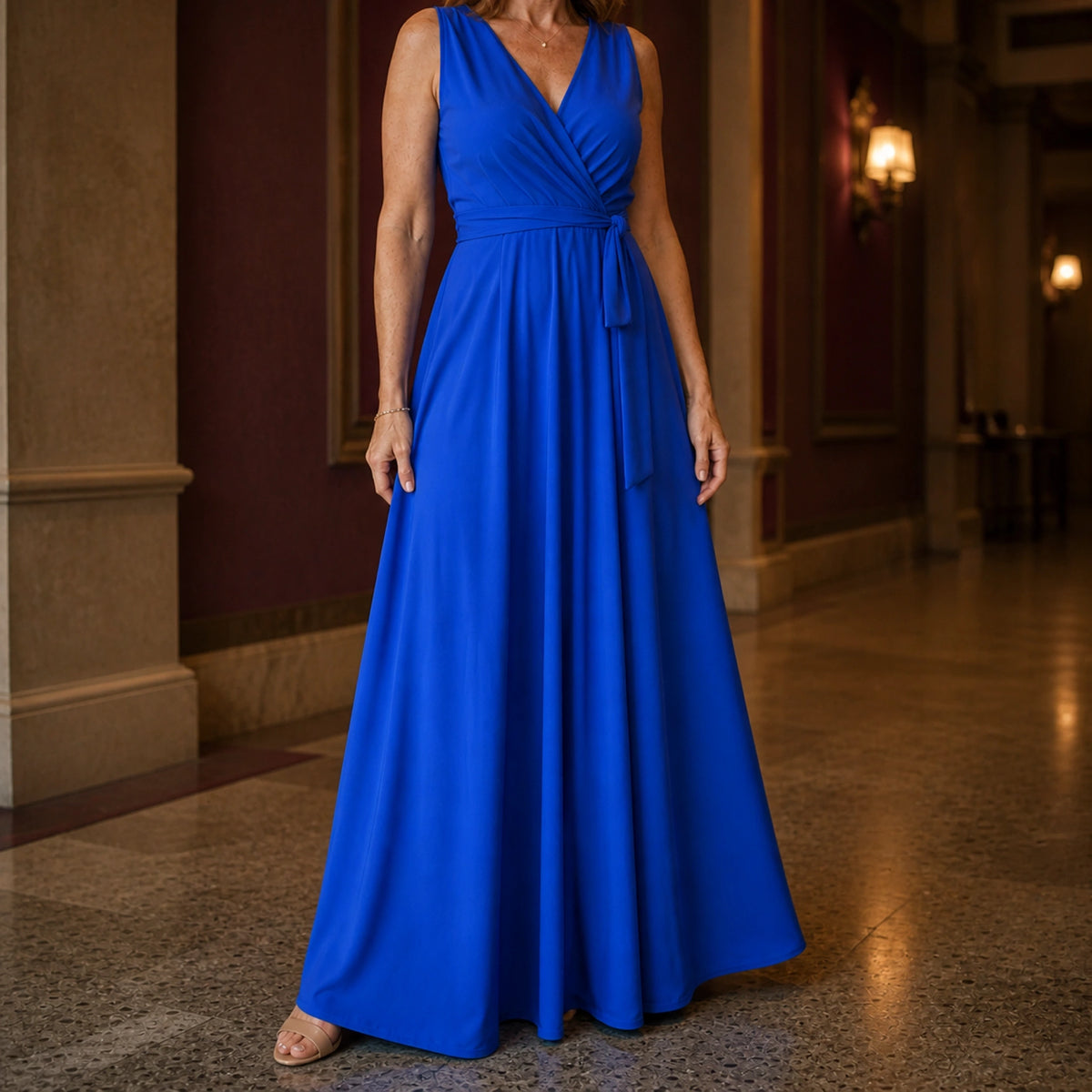 long wedding guest dress — Royal blue maxi skirt drape and hem construction detail — view 11
