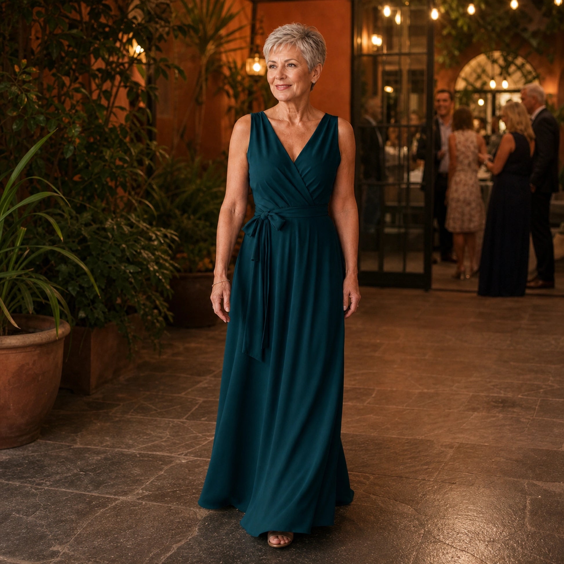 long wedding guest dress — Dark green wrap maxi wedding guest dress reception view — view 12