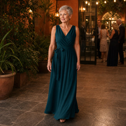 long wedding guest dress — Dark green wrap maxi wedding guest dress reception view — view 12