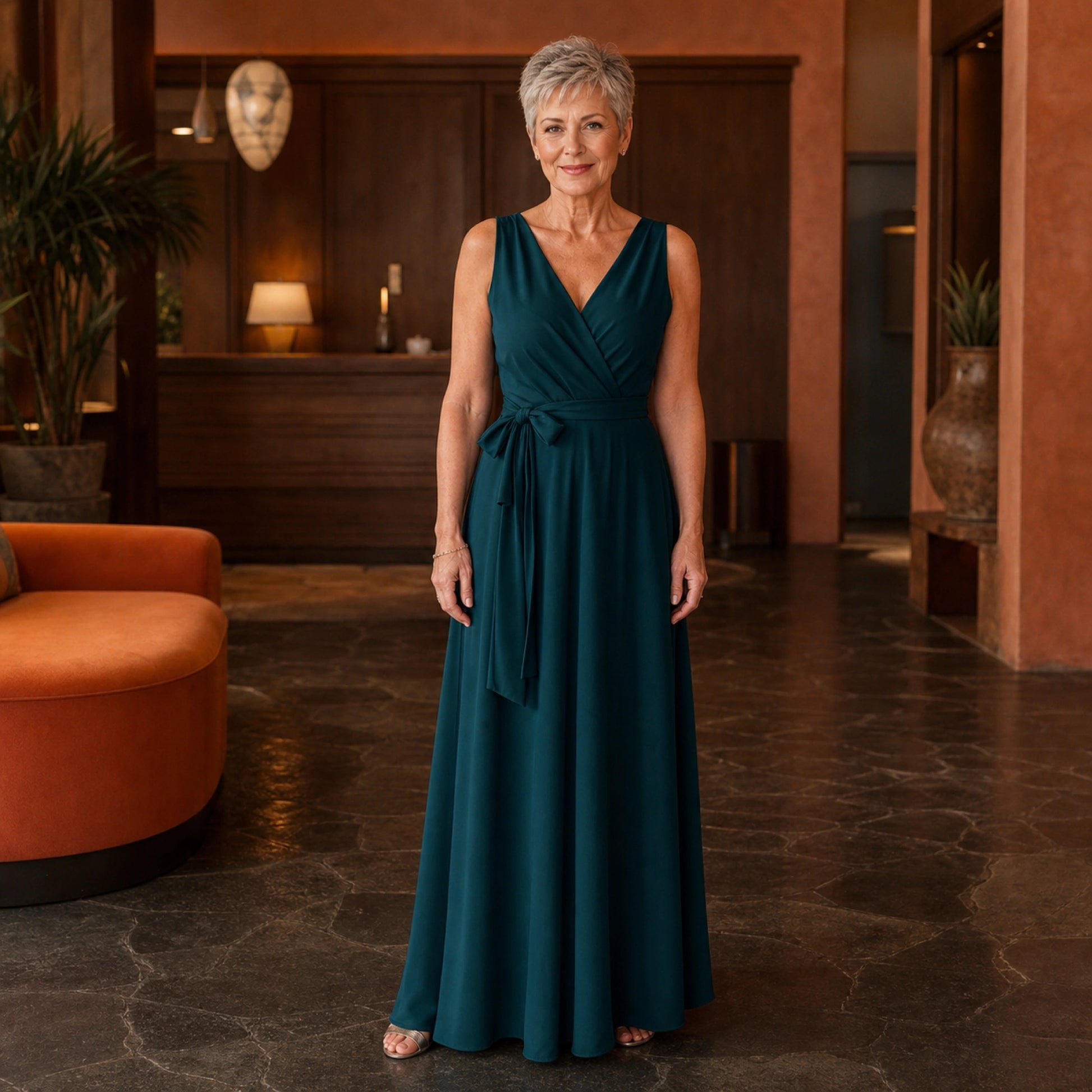 long wedding guest dress — Dark green sleeveless wrap maxi wedding guest dress complete front view — view 2
