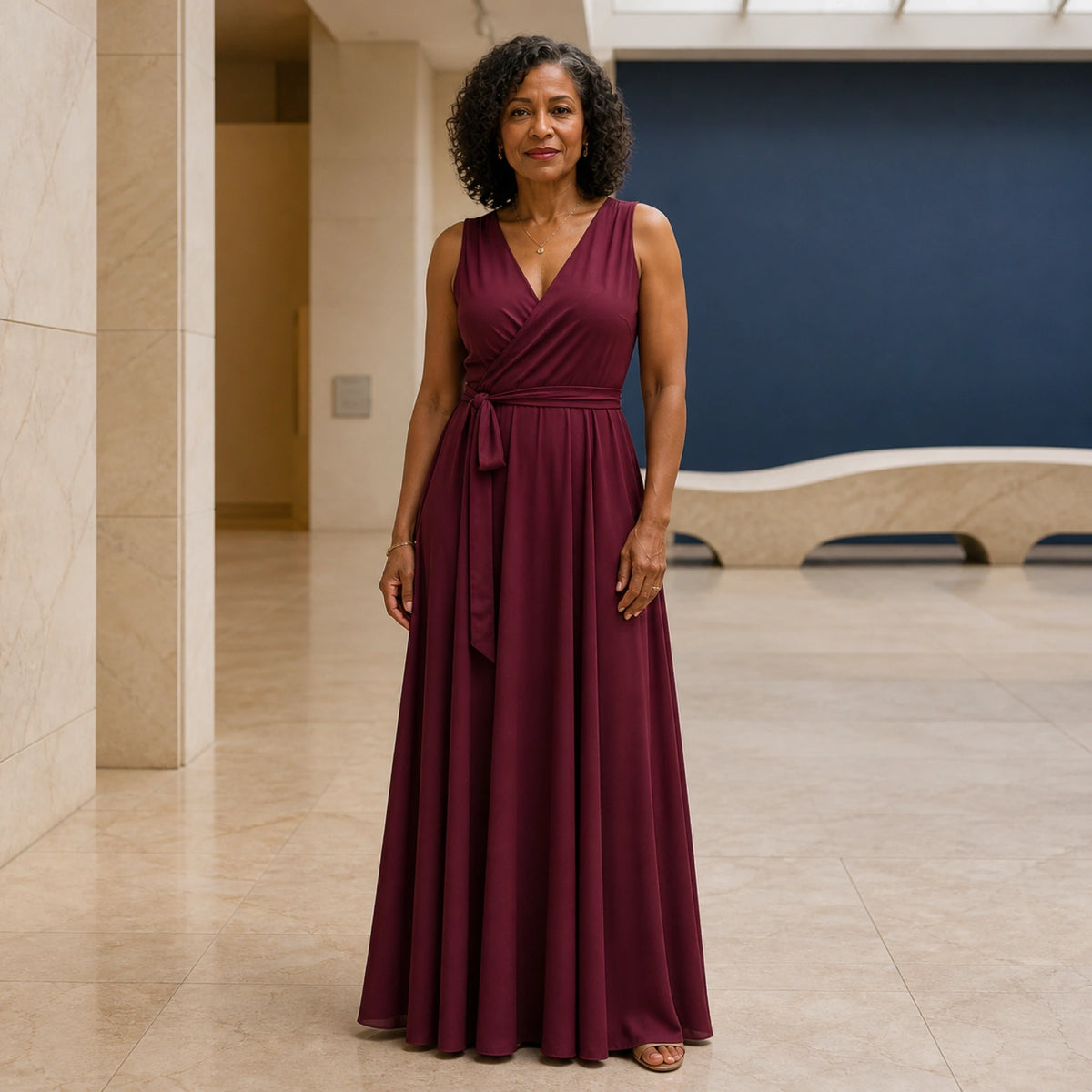 long wedding guest dress — Burgundy sleeveless wrap maxi wedding guest dress complete front view — view 3