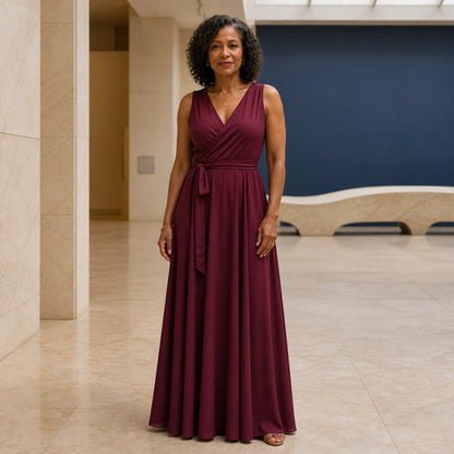 long wedding guest dress — Burgundy sleeveless wrap maxi wedding guest dress complete front view — view 3