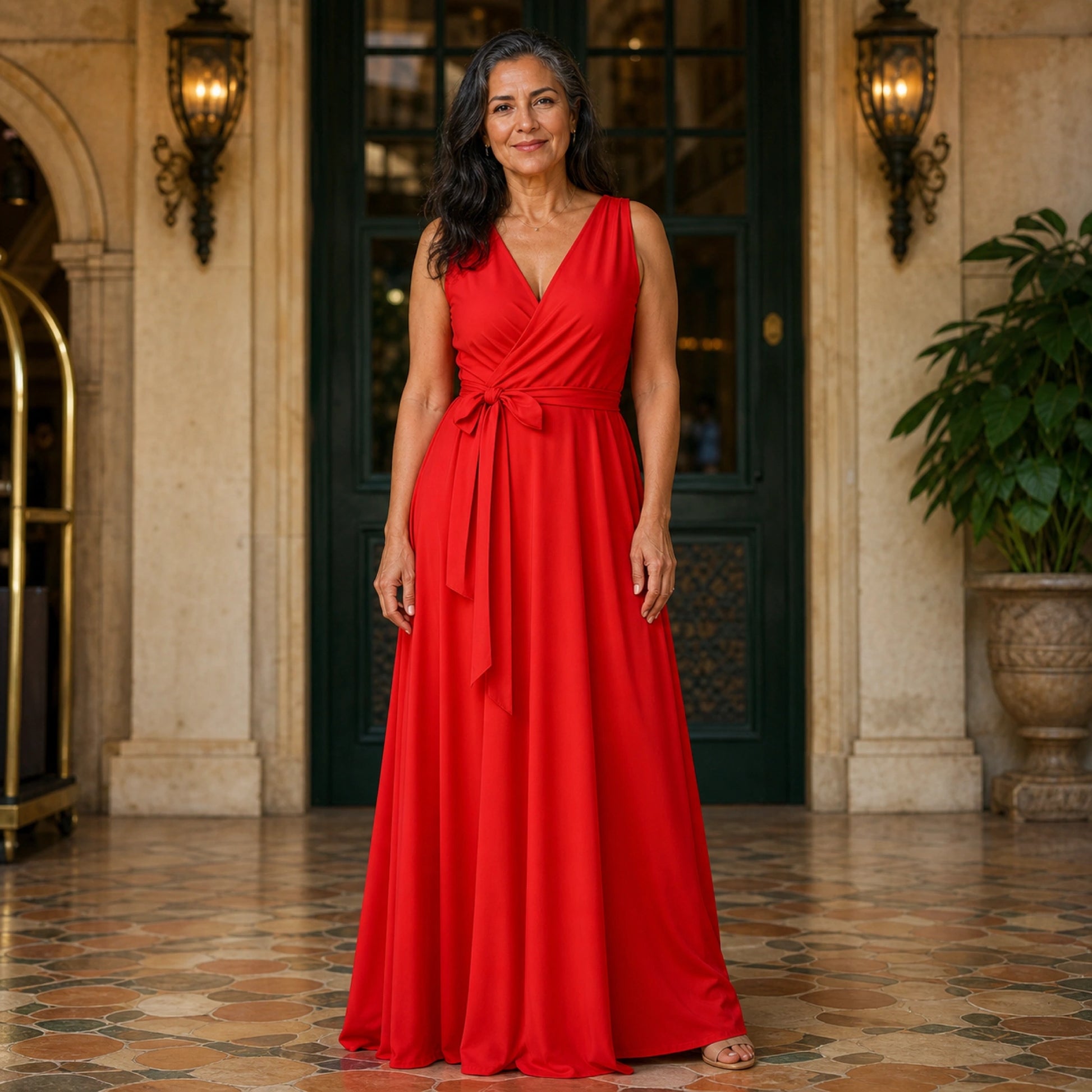 long wedding guest dress — Red sleeveless wrap maxi wedding guest dress complete front view — view 4