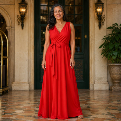 long wedding guest dress — Red sleeveless wrap maxi wedding guest dress complete front view — view 4
