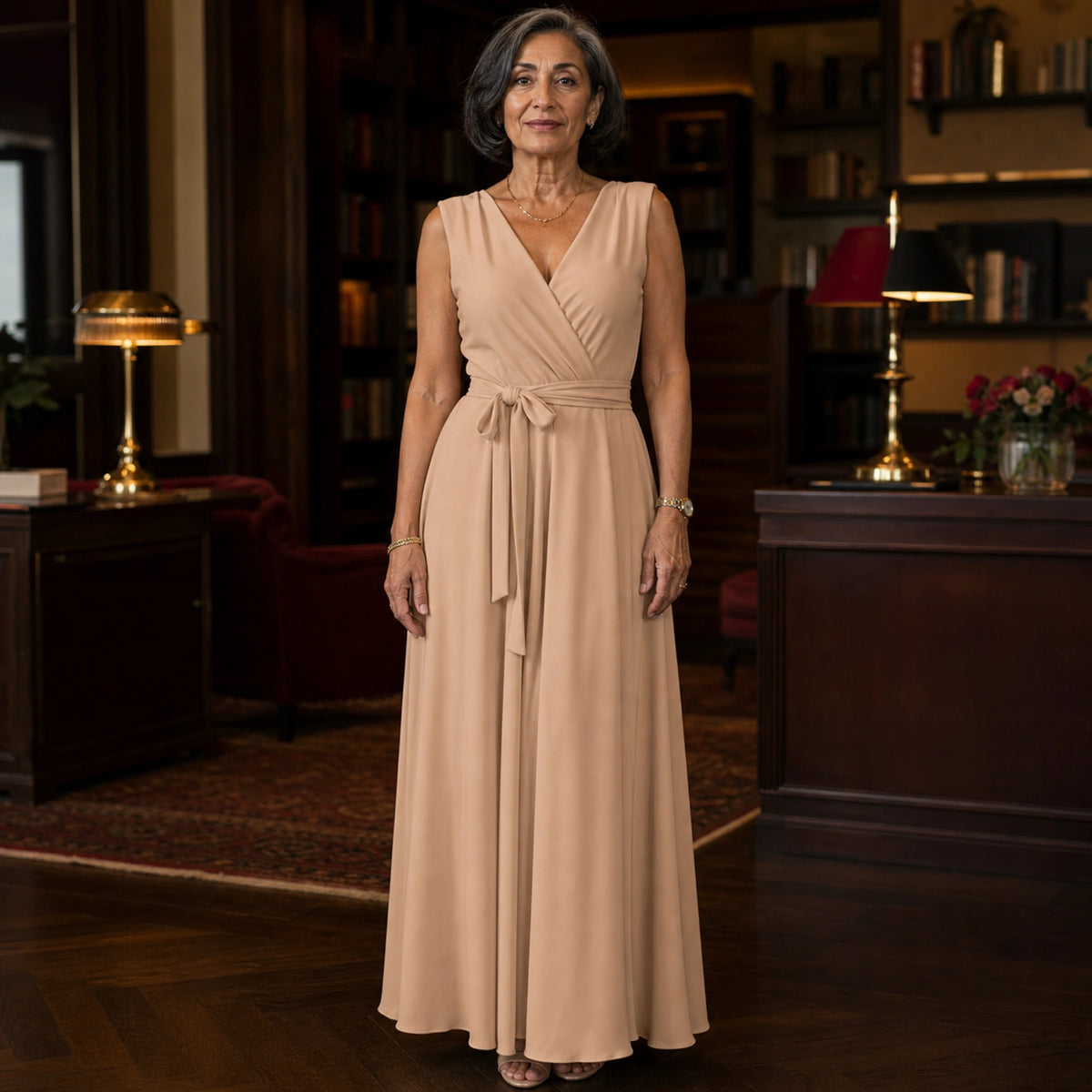 long wedding guest dress — Warm beige sleeveless wrap maxi wedding guest dress complete front view — view 5