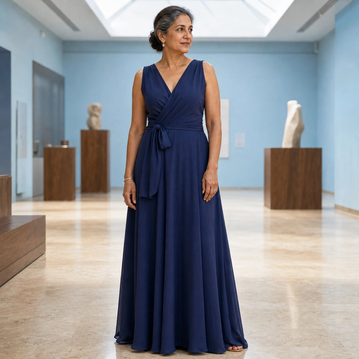 long wedding guest dress — Navy blue sleeveless wrap maxi wedding guest dress complete front view — view 6