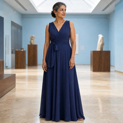 long wedding guest dress — Navy blue sleeveless wrap maxi wedding guest dress complete front view — view 6