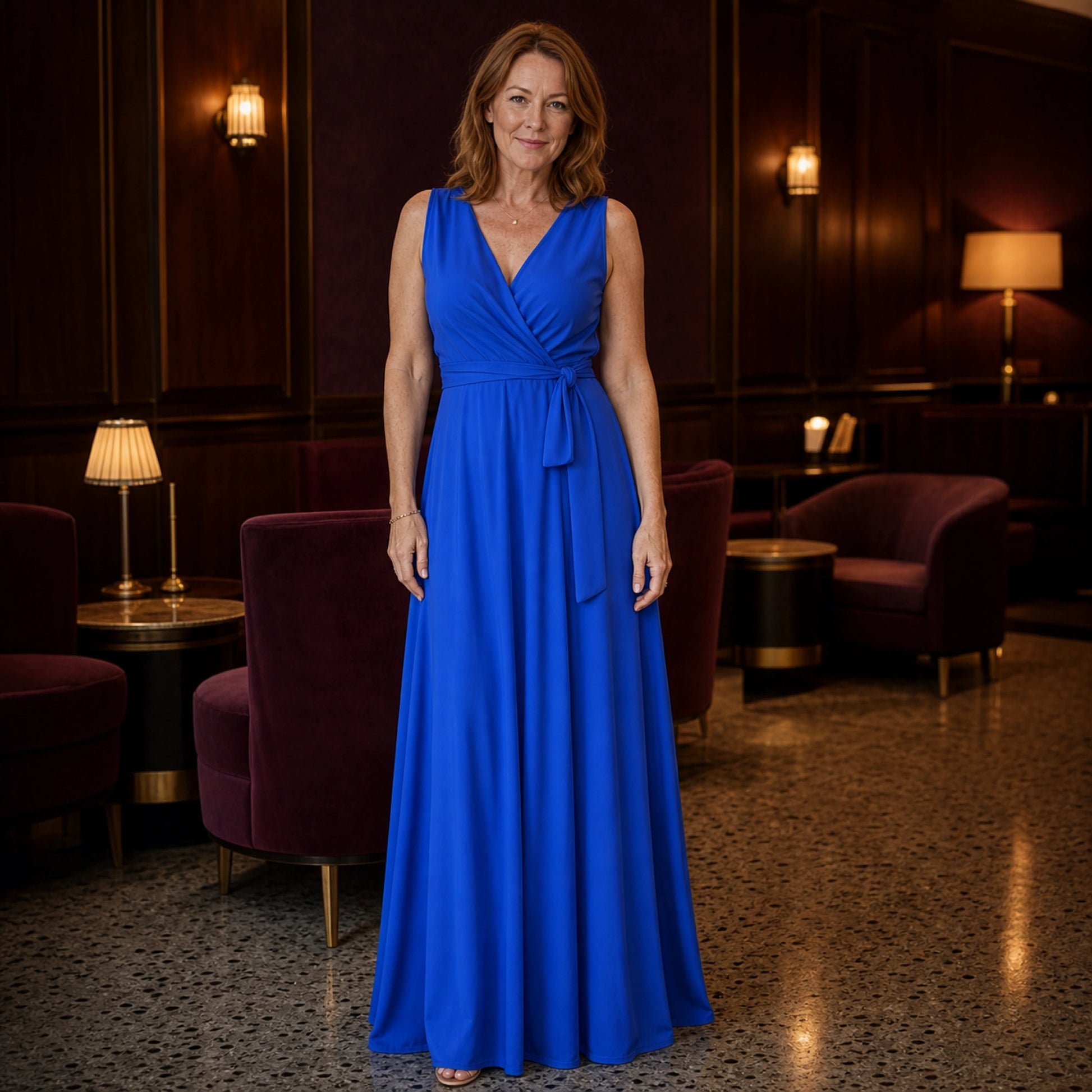 long wedding guest dress — Royal blue sleeveless wrap maxi wedding guest dress complete front view — view 7