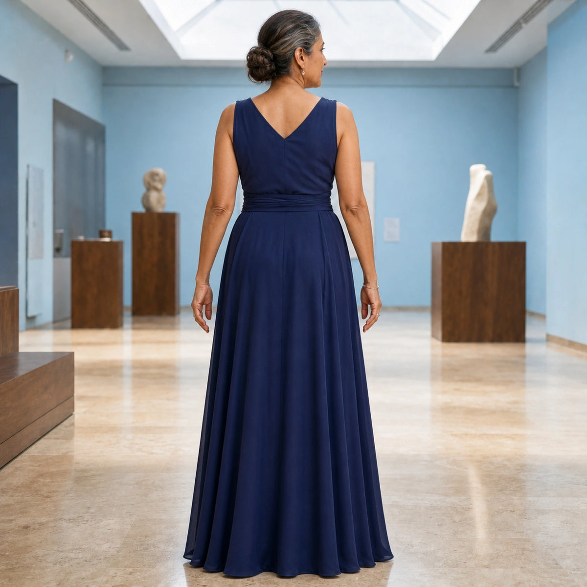 long wedding guest dress — Navy blue wrap maxi wedding guest dress direct back view — view 8