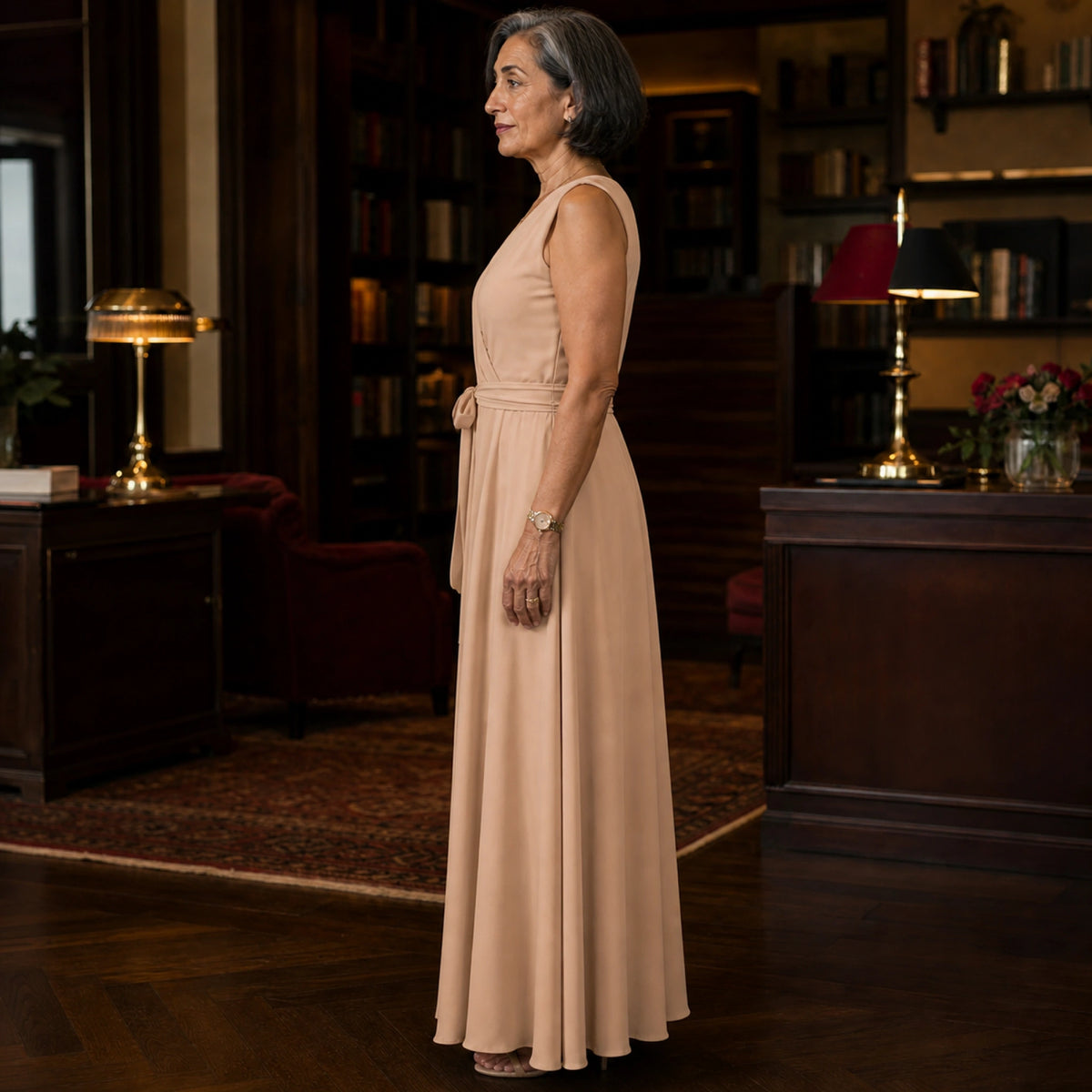 long wedding guest dress — Warm beige wrap maxi wedding guest dress true side view — view 9