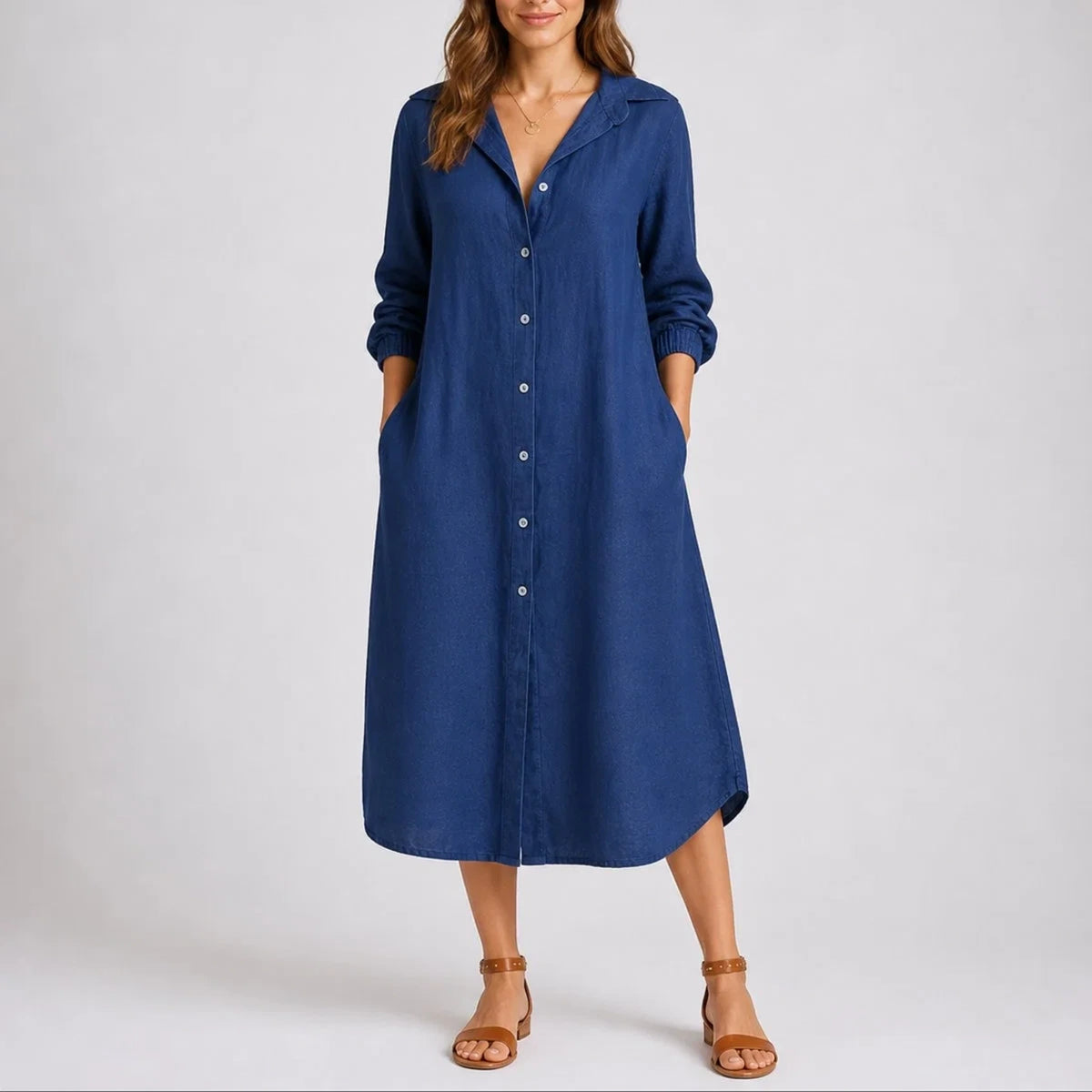 Long wedding guest dress — Women's Fall Sleeve Button Front Midi Shirtdress Blue