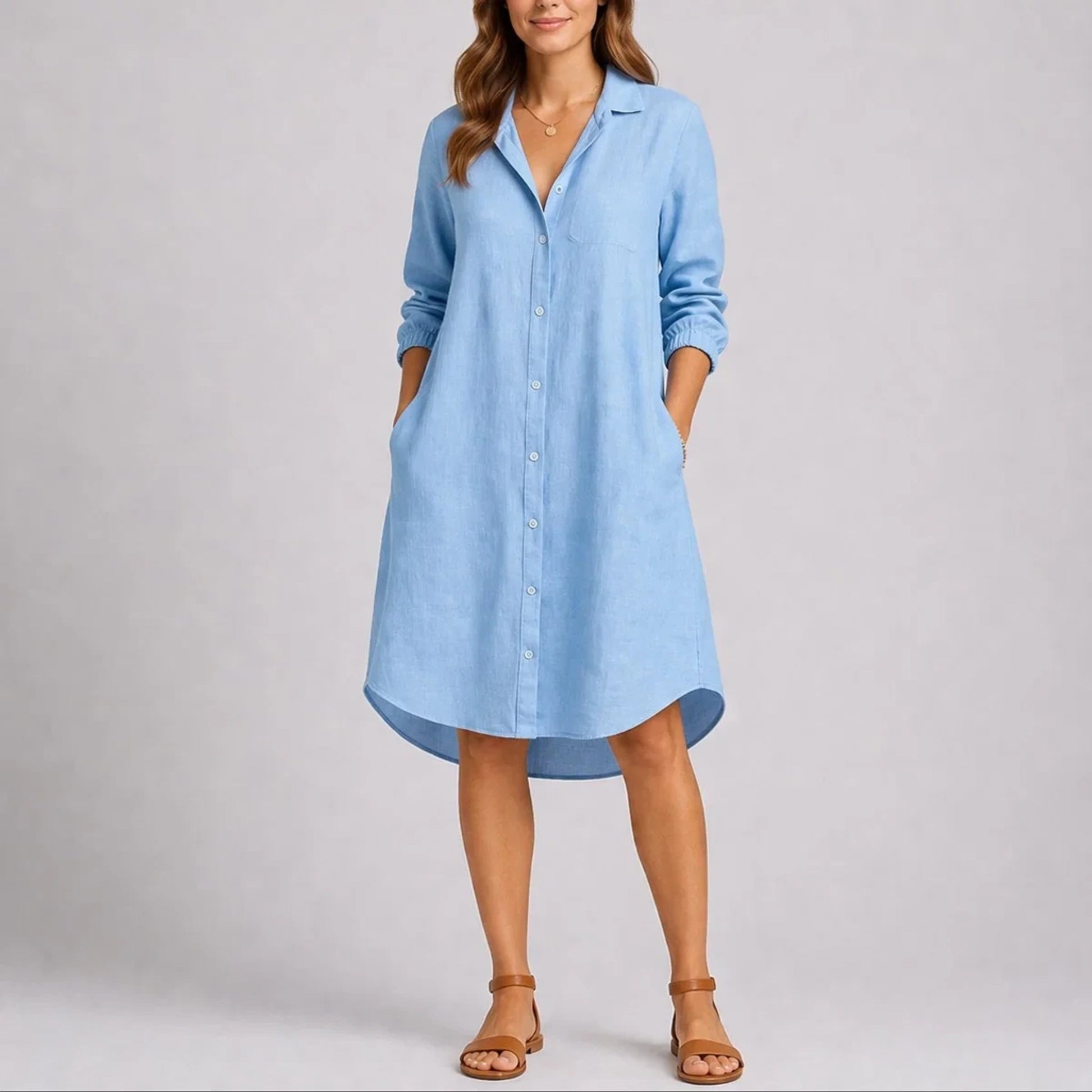 Long wedding guest dress — Women's Fall Sleeve Button Front Midi Shirtdress Light Blue — view 3 — view 3