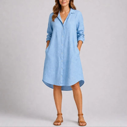 Long wedding guest dress — Women's Fall Sleeve Button Front Midi Shirtdress Light Blue — view 3 — view 3