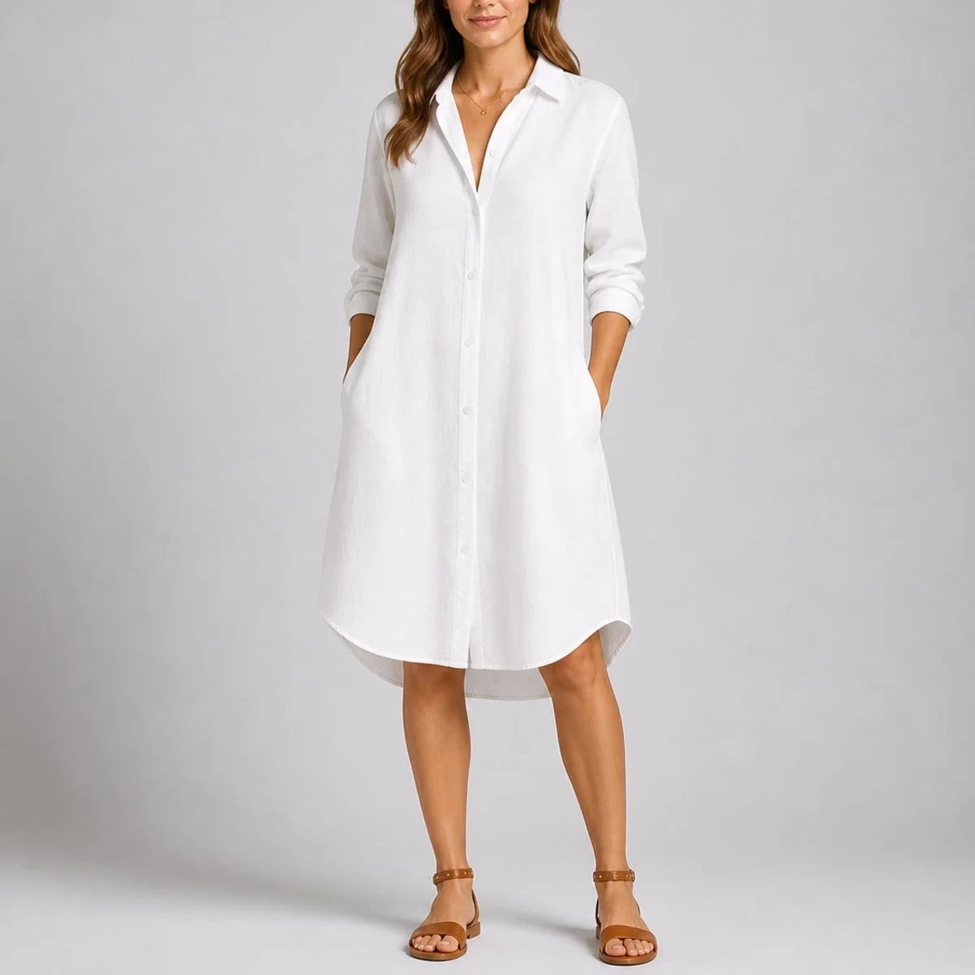 Long wedding guest dress — Women's Fall Sleeve Button Front Midi Shirtdress White — view 4 — view 4