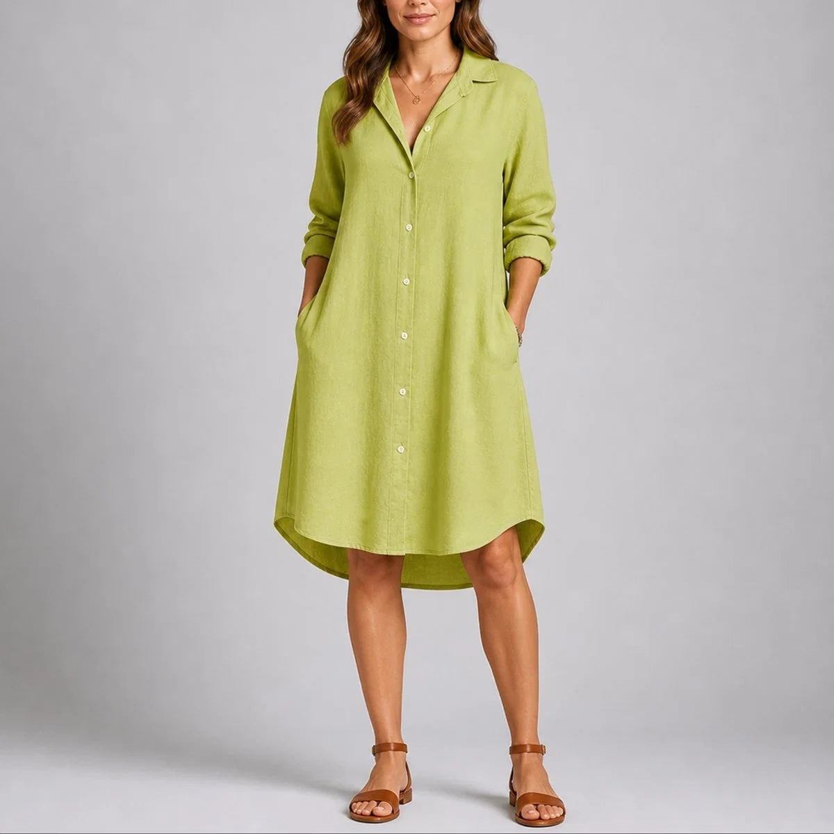 Long wedding guest dress — Women's Fall Sleeve Button Front Midi Shirtdress Green — view 6 — view 6