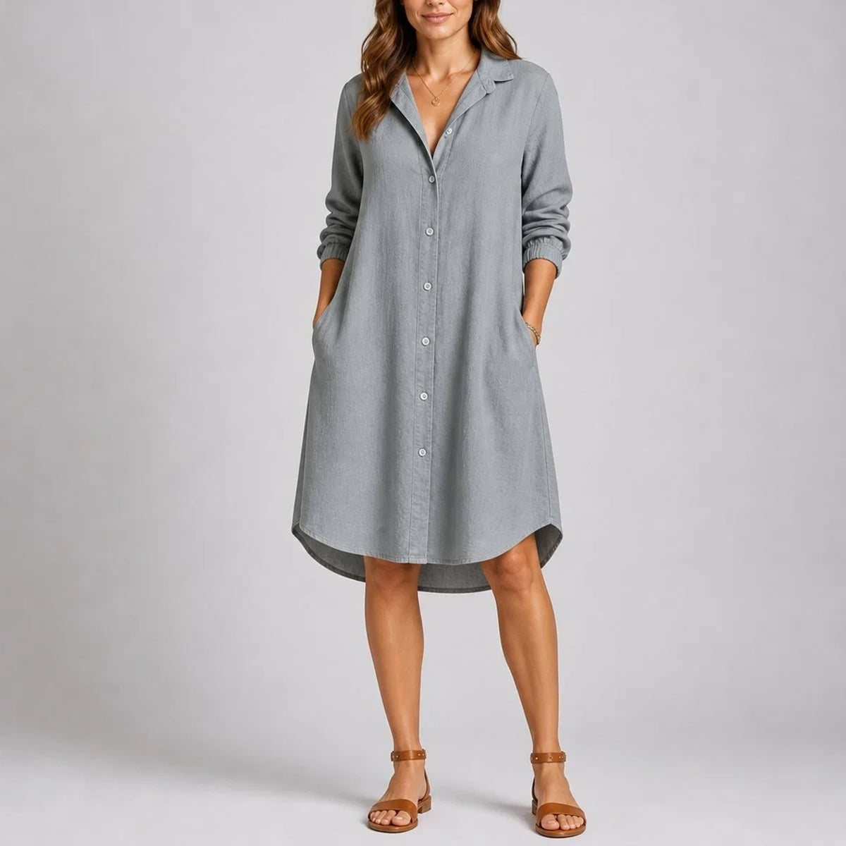 Long wedding guest dress — Women's Fall Sleeve Button Front Midi Shirtdress Gray — view 7 — view 7