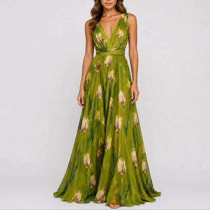Long wedding guest dress — Women's Floral Chiffon V Neck Fall Maxi Green