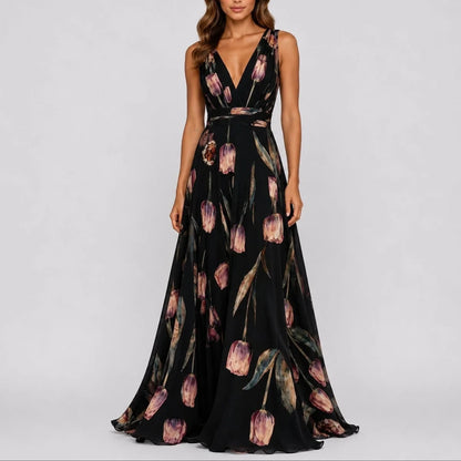 Long wedding guest dress — Women's Floral Chiffon V Neck Fall Maxi Black — view 3 — view 3