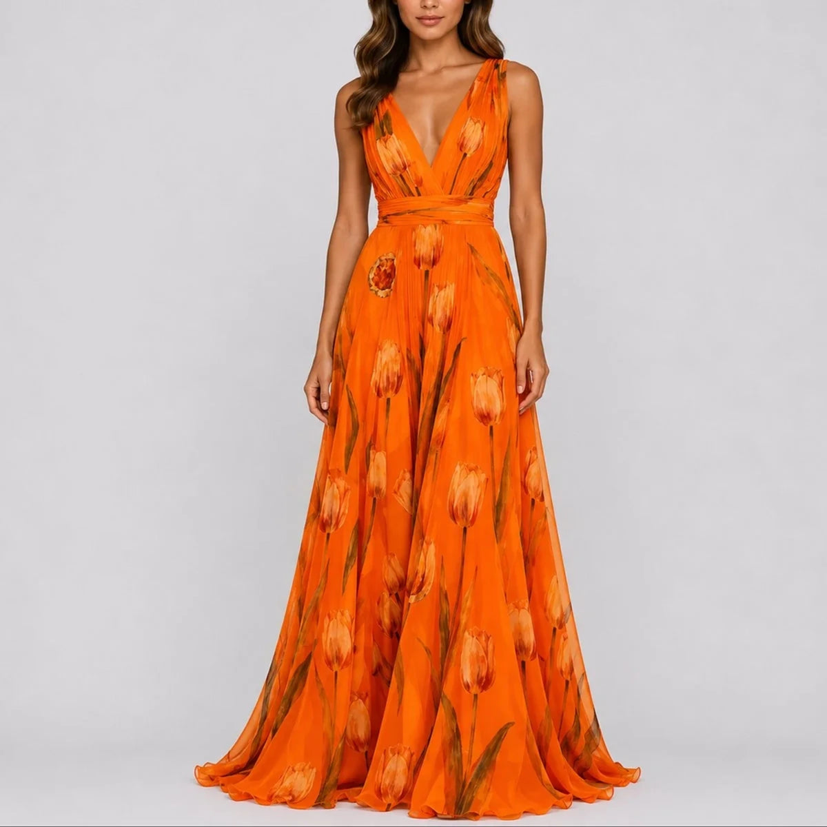 Long wedding guest dress — Women's Floral Chiffon V Neck Fall Maxi Orange — view 4 — view 4