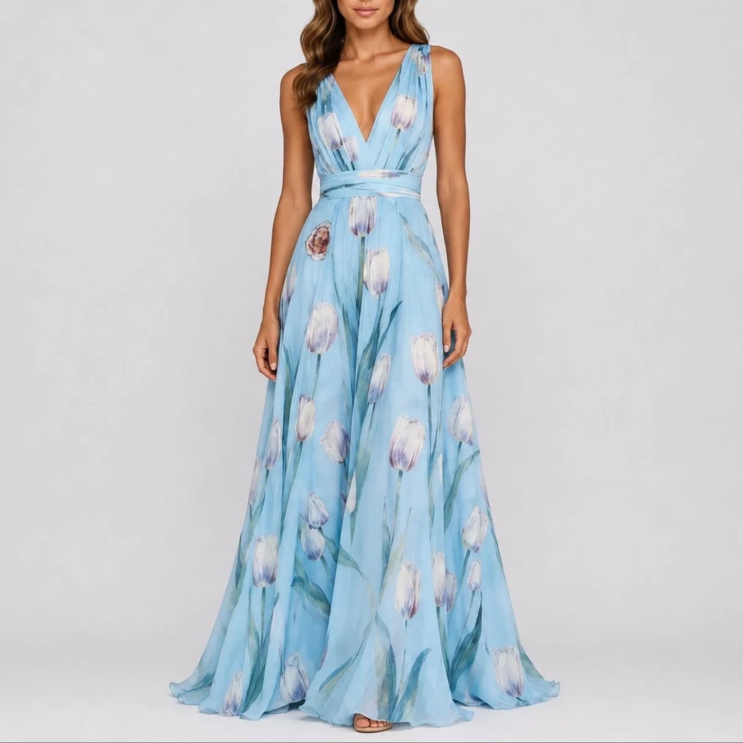 Long wedding guest dress — Women's Floral Chiffon V Neck Fall Maxi Ba — view 5 — view 5
