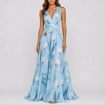 Long wedding guest dress — Women's Floral Chiffon V Neck Fall Maxi Ba — view 5 — view 5
