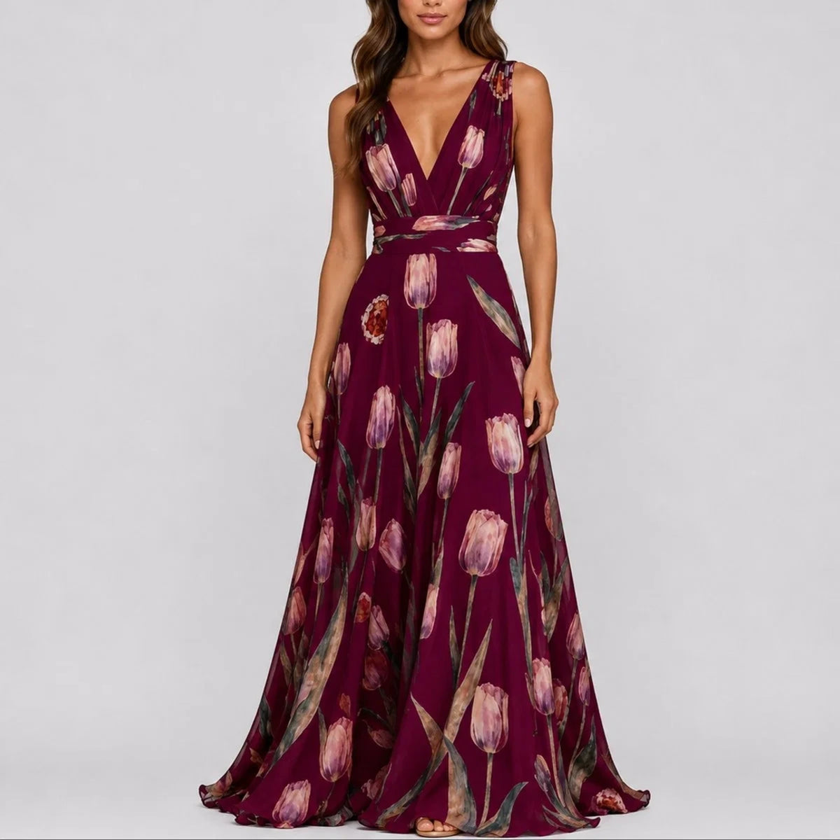 Long wedding guest dress — Women's Floral Chiffon V Neck Fall Maxi Red — view 6 — view 6