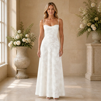 long wedding guest dress — White floral lace bustier maxi wedding guest dress on a mature woman — view 2