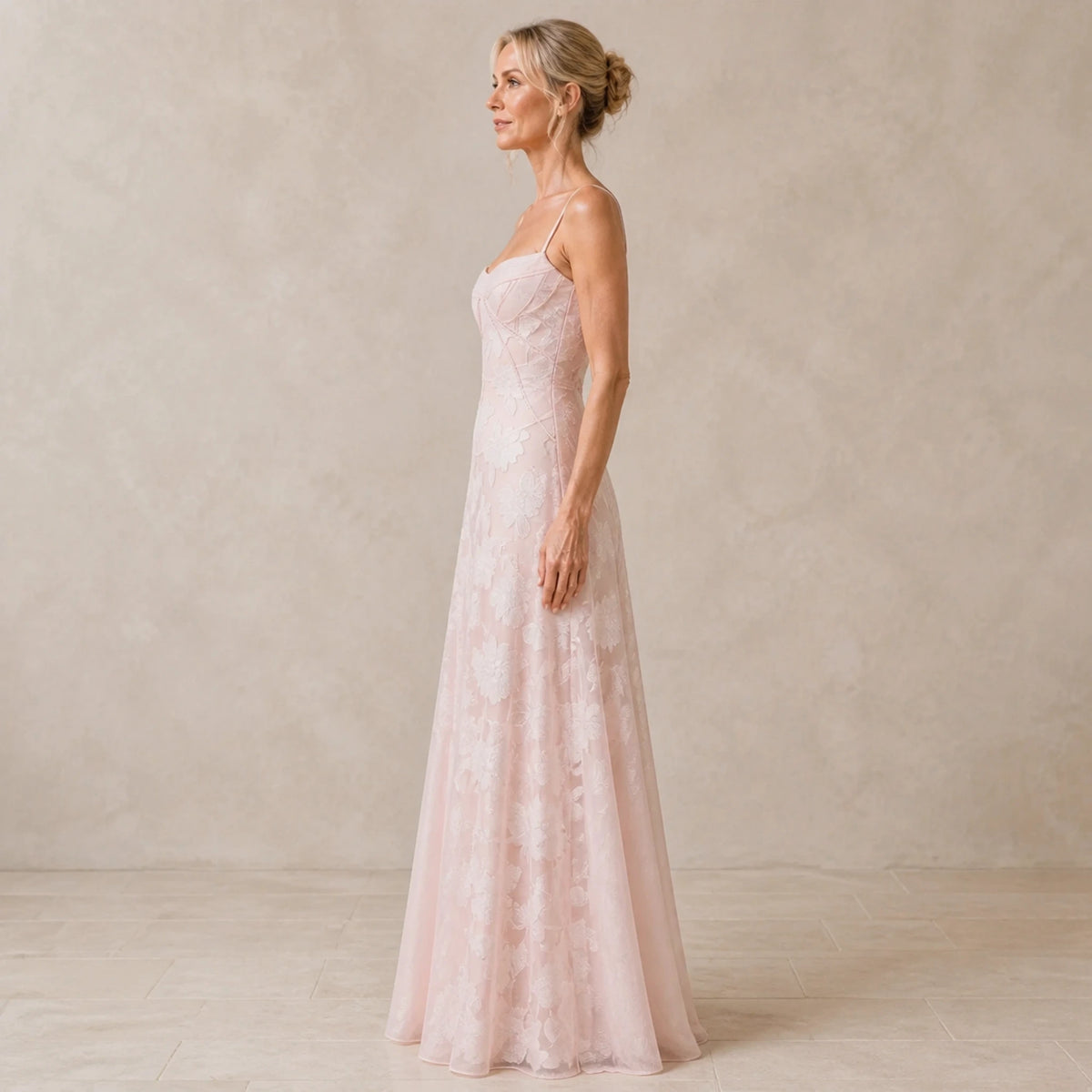 long wedding guest dress — Pink floral lace bustier maxi dress profile construction view — view 5