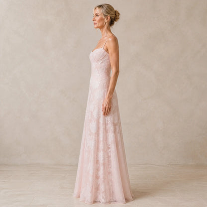 long wedding guest dress — Pink floral lace bustier maxi dress profile construction view — view 5