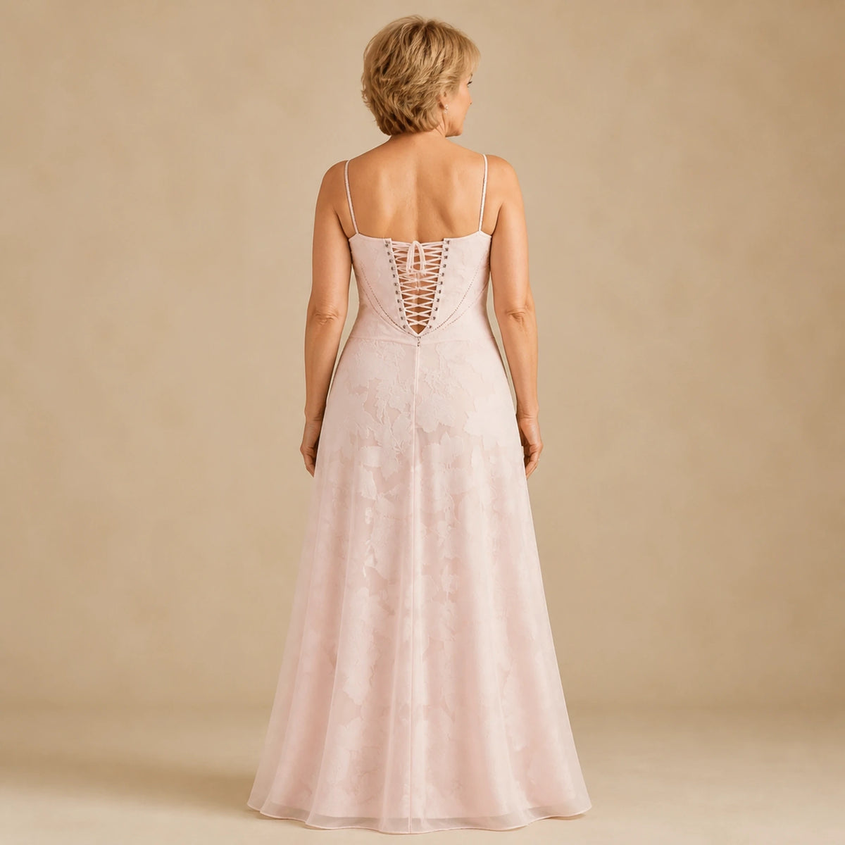 long wedding guest dress — Pink floral lace bustier maxi dress corset lacing rear view — view 6