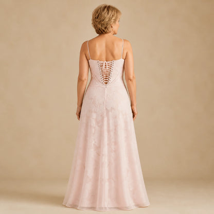long wedding guest dress — Pink floral lace bustier maxi dress corset lacing rear view — view 6