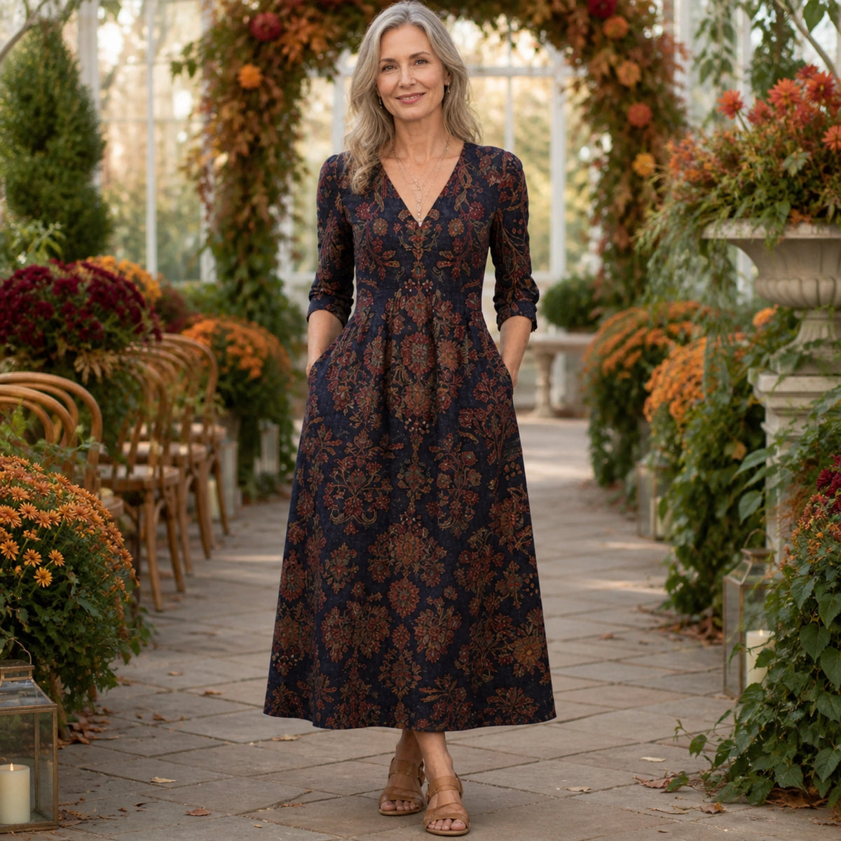 long wedding guest dress — Navy Rust Botanical front