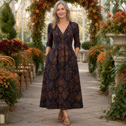 long wedding guest dress — Navy Rust Botanical front