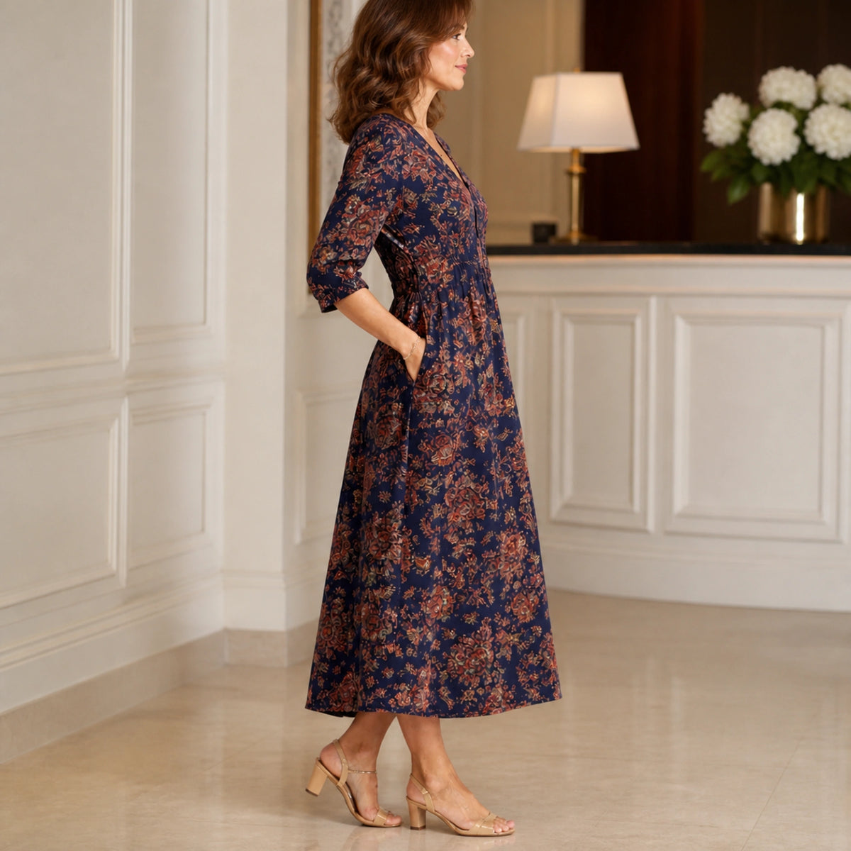 long wedding guest dress — Navy Rust Botanical side — view 2