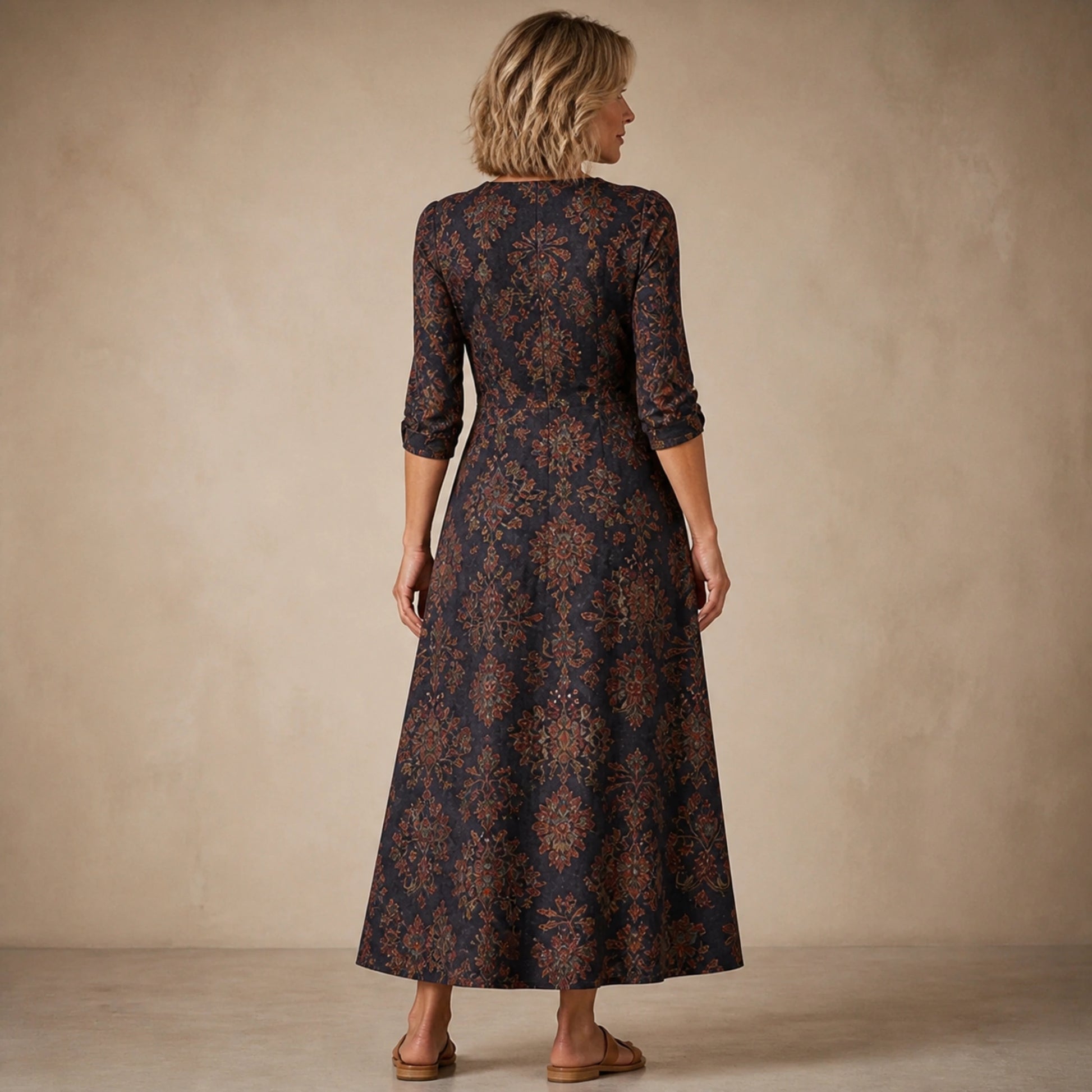 long wedding guest dress — Navy Rust Botanical back — view 3