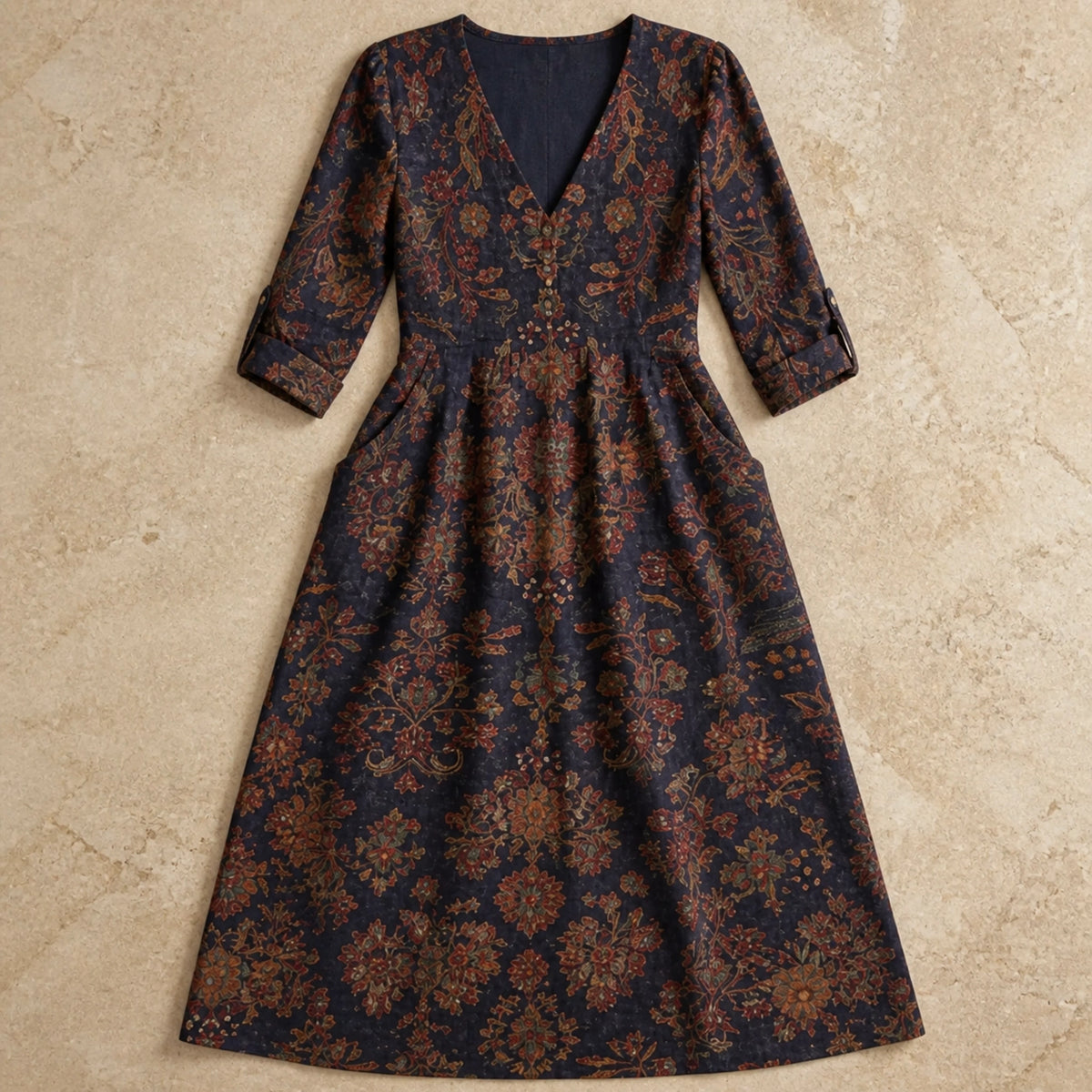long wedding guest dress — Navy Rust Botanical detail — view 4