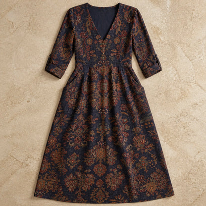 long wedding guest dress — Navy Rust Botanical detail — view 4