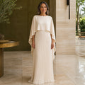 long wedding guest dress — Beige pleated cape maxi wedding guest dress complete front view