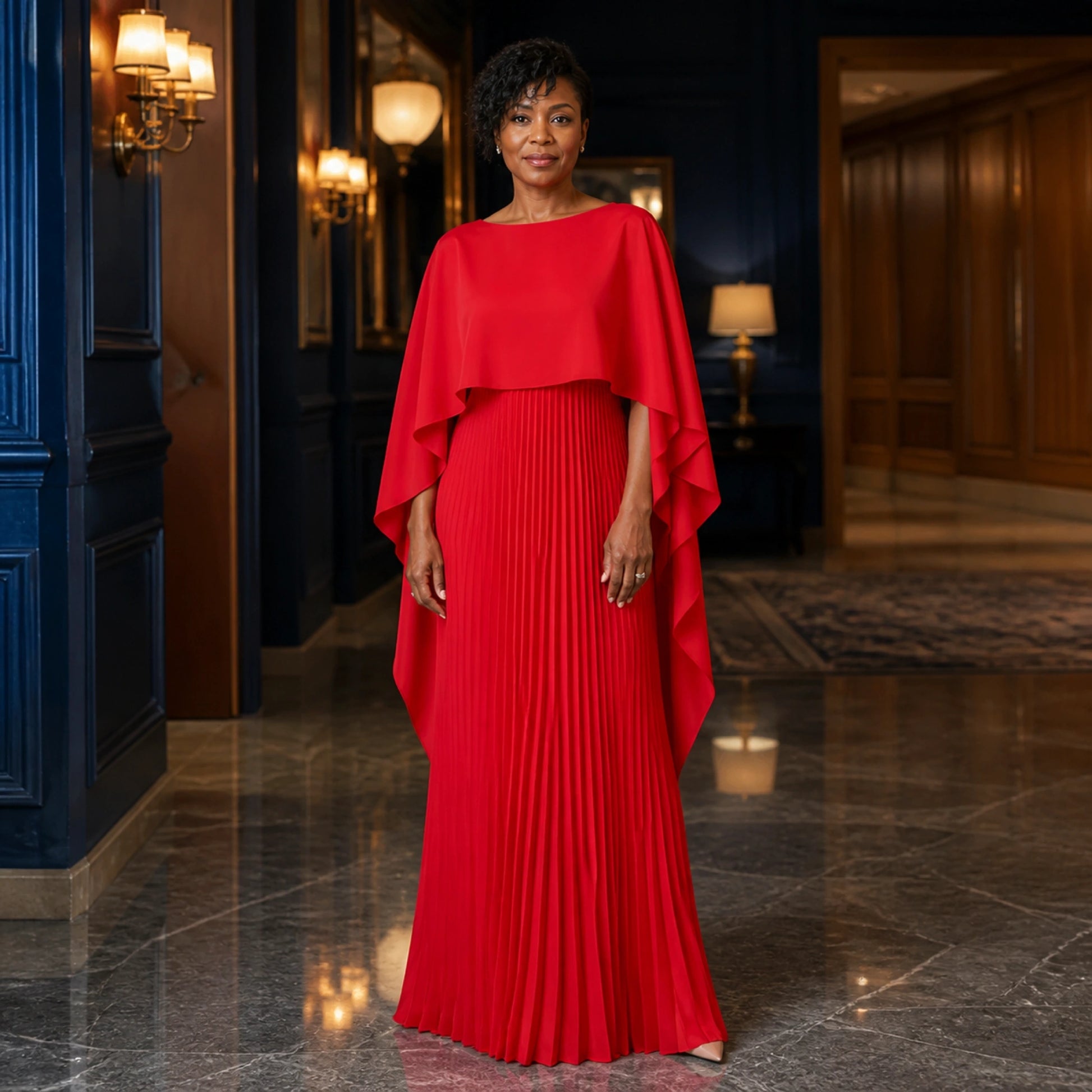 long wedding guest dress — Red pleated cape maxi wedding guest dress complete front view — view 2