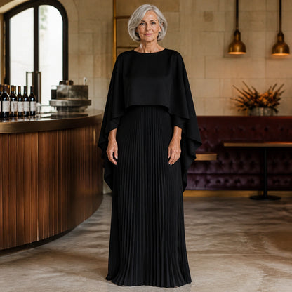 long wedding guest dress — Black pleated cape maxi wedding guest dress complete front view — view 3