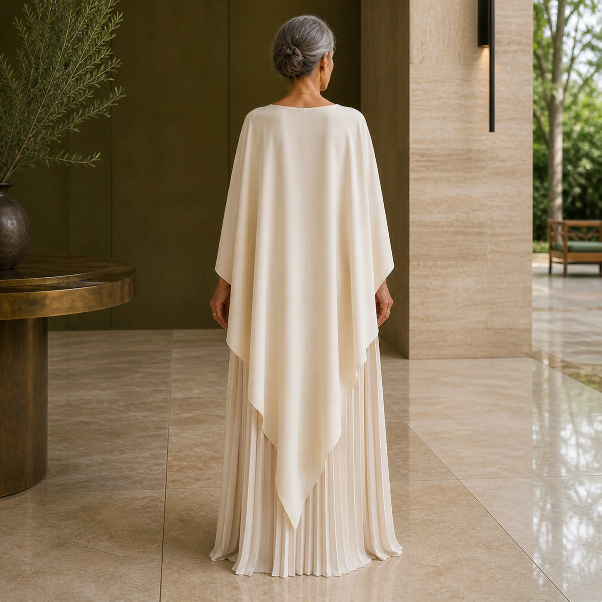 long wedding guest dress — Beige pleated cape maxi wedding guest dress direct back view — view 4