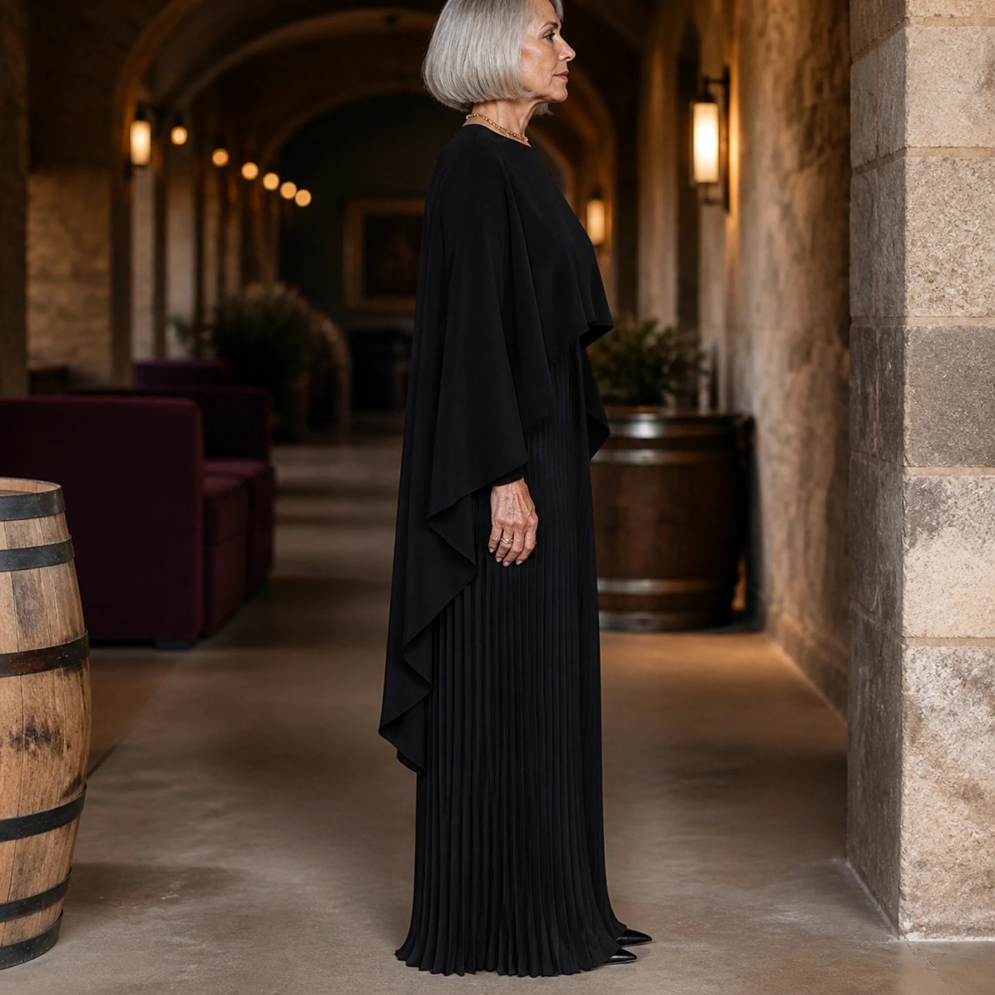 long wedding guest dress — Black pleated cape maxi wedding guest dress true side view — view 5