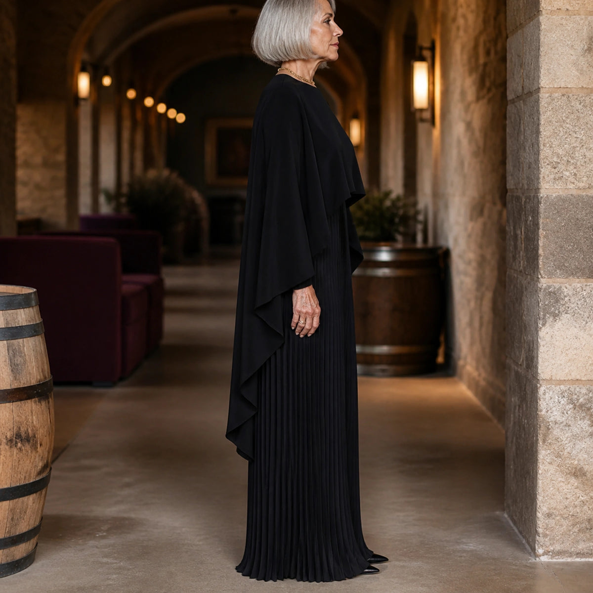 long wedding guest dress — Black pleated cape maxi wedding guest dress true side view — view 5