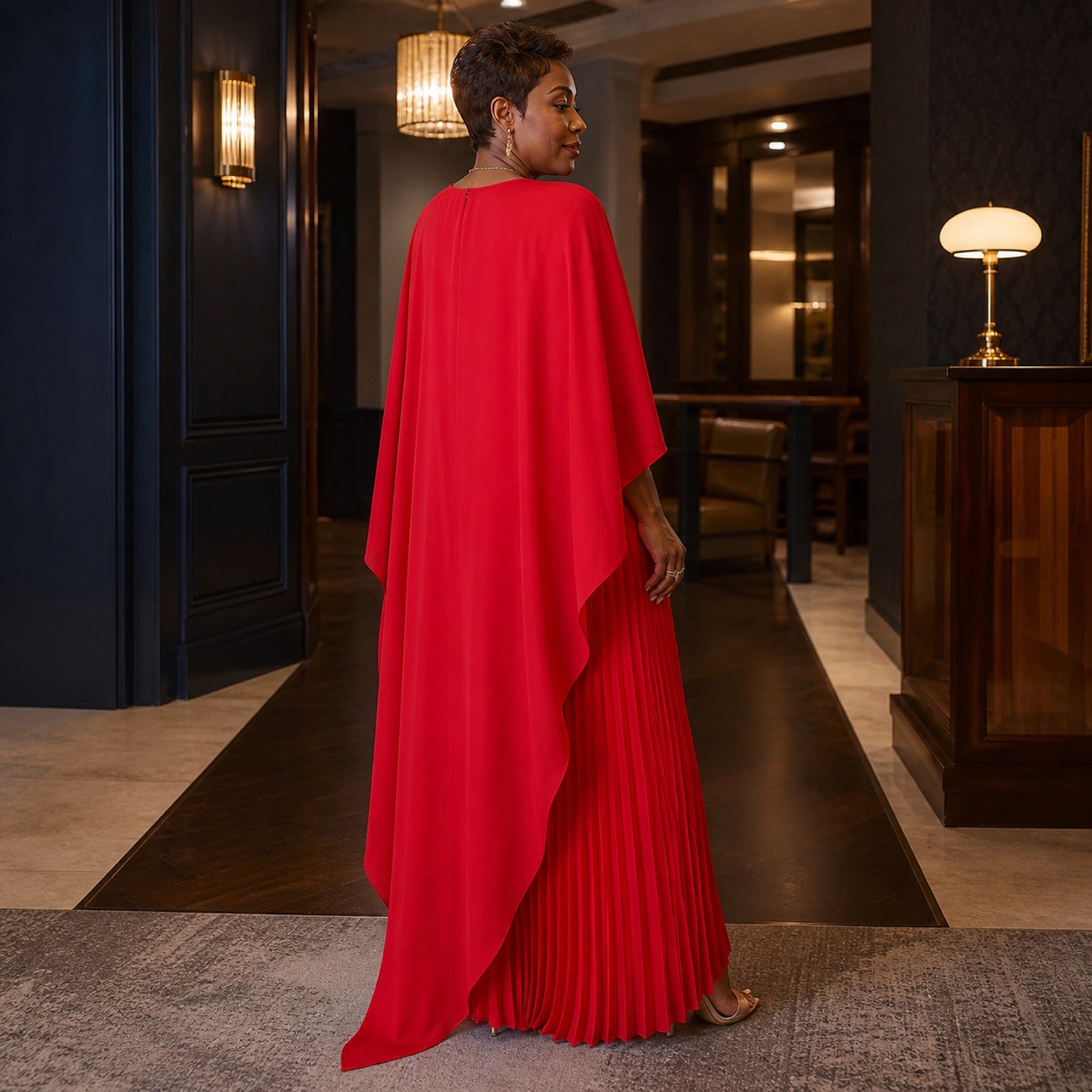long wedding guest dress — Red wedding guest dress continuous rear cape construction detail — view 7