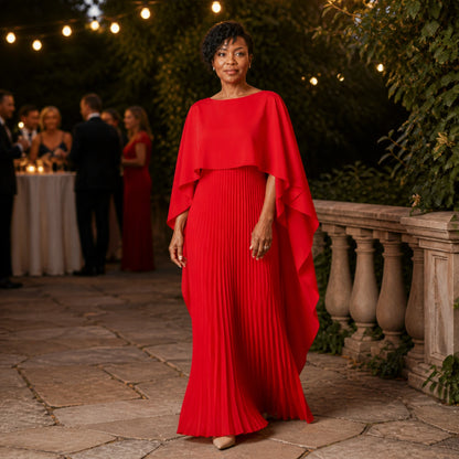 long wedding guest dress — Red pleated cape maxi wedding guest dress reception view — view 8