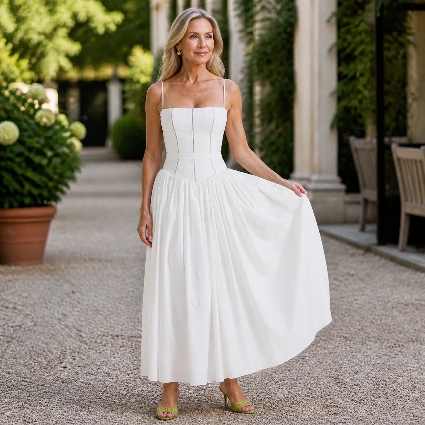 long wedding guest dress — White corset midi wedding guest dress complete front view