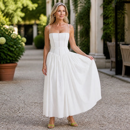 long wedding guest dress — White corset midi wedding guest dress complete front view