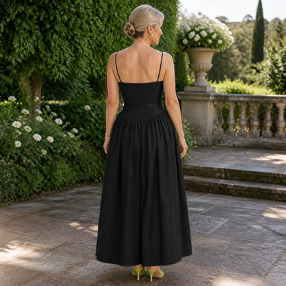 long wedding guest dress — Black corset midi wedding guest dress complete rear view — view 10